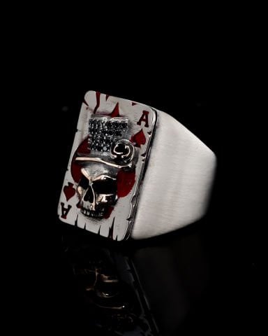 Kumarbaz Koleksiyonu İskambil Kağıdı ve Kurukafa Figürlü Yüzük