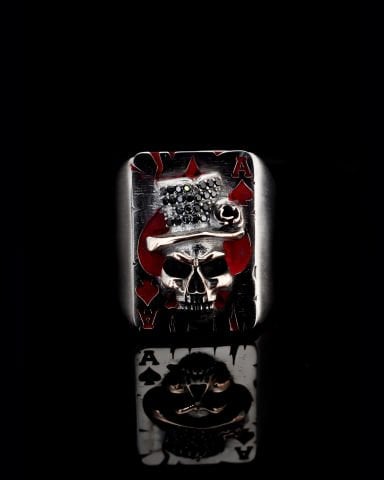 Kumarbaz Koleksiyonu İskambil Kağıdı ve Kurukafa Figürlü Yüzük