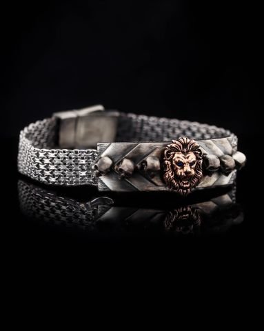 Aslan Figürlü Gümüş Örgü Kordon Bileklik