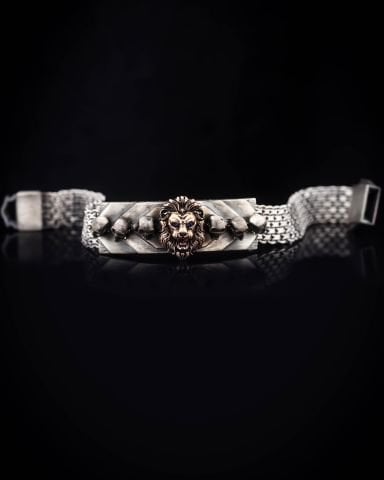 Aslan Figürlü Gümüş Örgü Kordon Bileklik