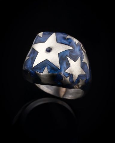 Siyah Taş Ve Mavi Sedefli Mine Taşlı Yıldız Figürlü Yüzük