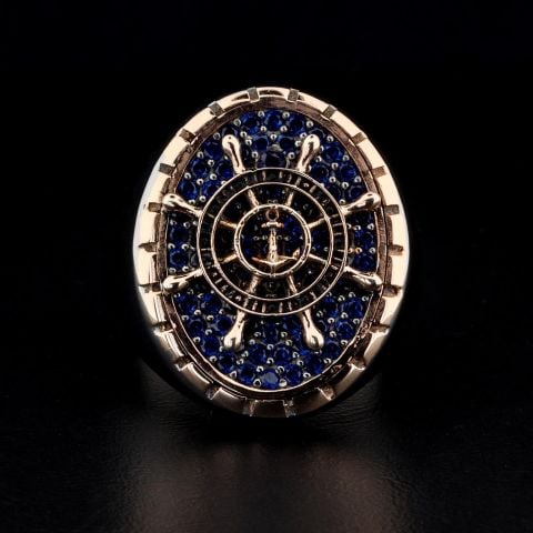 Deniz Çapası Ve Dümen Figürlü Taşlı Yüzük