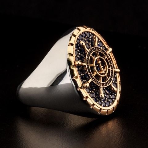 Deniz Çapası Ve Dümen Figürlü Taşlı Yüzük