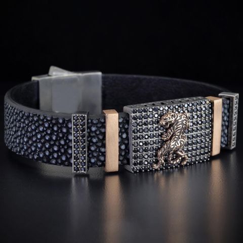 Orijinal Vatoz Derisi Kordonlu Panter Figürlü Bileklik