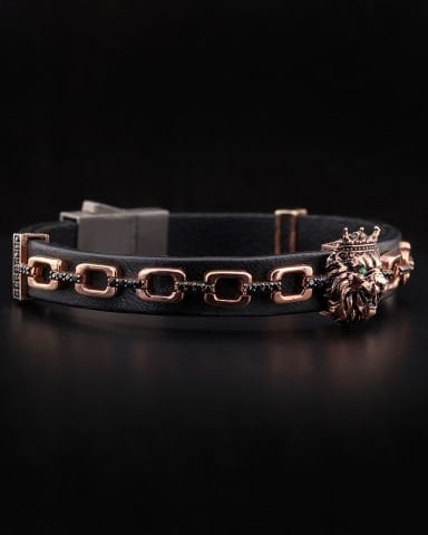 Aslan Figürlü Zincir Detaylı Deri Kordon Bileklik