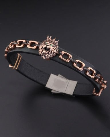 Aslan Figürlü Zincir Detaylı Deri Kordon Bileklik