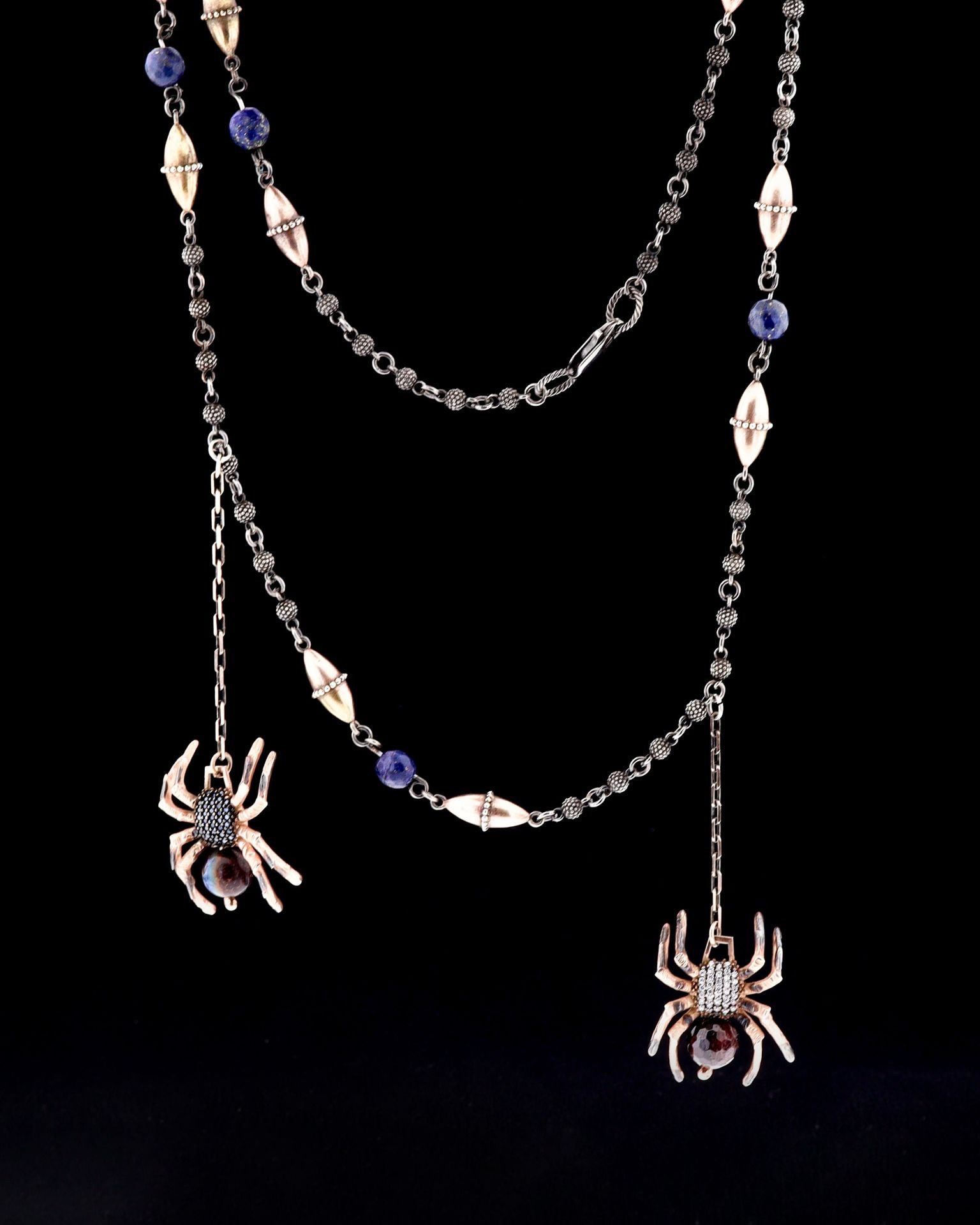 Doğal Taşlı Gümüş Tarantula Kolye(Kaplan Gözü- Lapis Taşı)