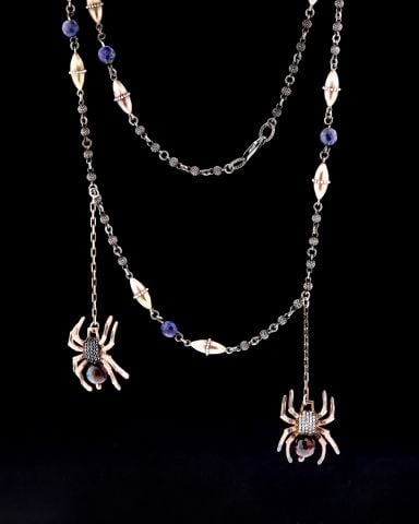 Doğal Taşlı Gümüş Tarantula Kolye(Kaplan Gözü- Lapis Taşı)