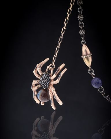 Doğal Taşlı Gümüş Tarantula Kolye(Kaplan Gözü- Lapis Taşı)