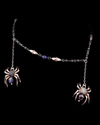 Doğal Taşlı Gümüş Tarantula Kolye(Kaplan Gözü- Lapis Taşı)