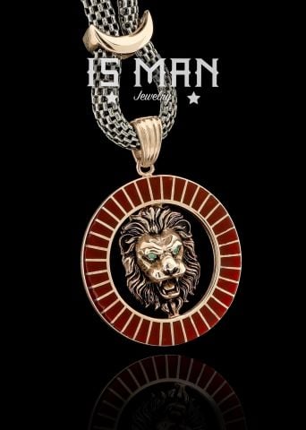Aslan Figürü Ve Hasır Örme Zincirli Madalyon Kolye