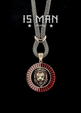 Aslan Figürü Ve Hasır Örme Zincirli Madalyon Kolye