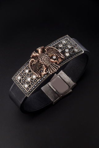 Çift Başlı Kartal Figürlü Taş İşli Deri Kordon Bileklik