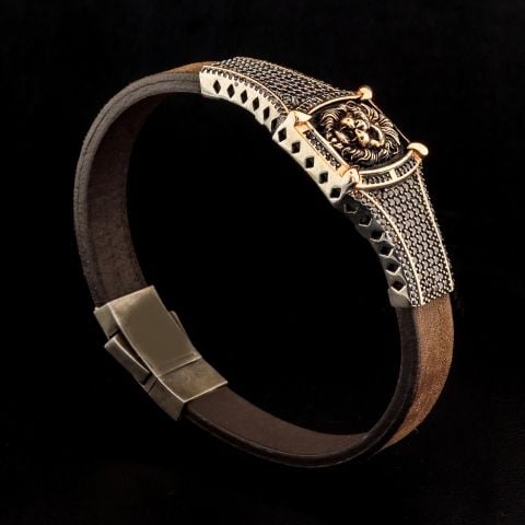 Aslan Figürlü Taş İşlemeli Deri Kordon Bileklik
