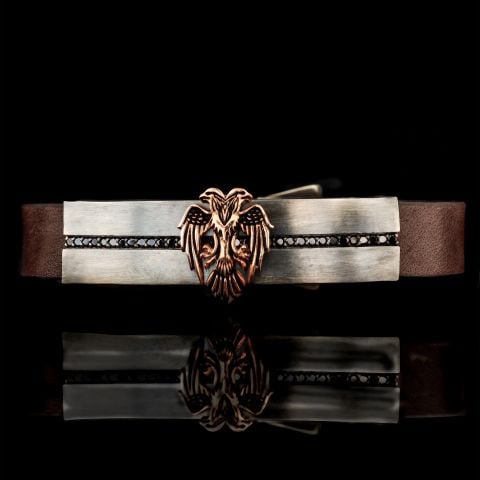 Siyah Pırlanta Taşlı Çift Başlı Kartal Figürlü Bileklik