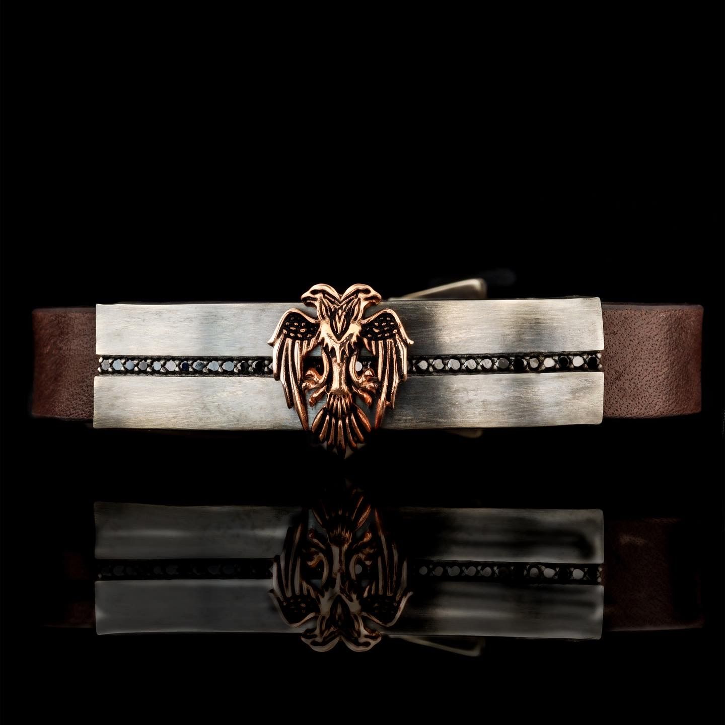 Siyah Pırlanta Taşlı Çift Başlı Kartal Figürlü Bileklik