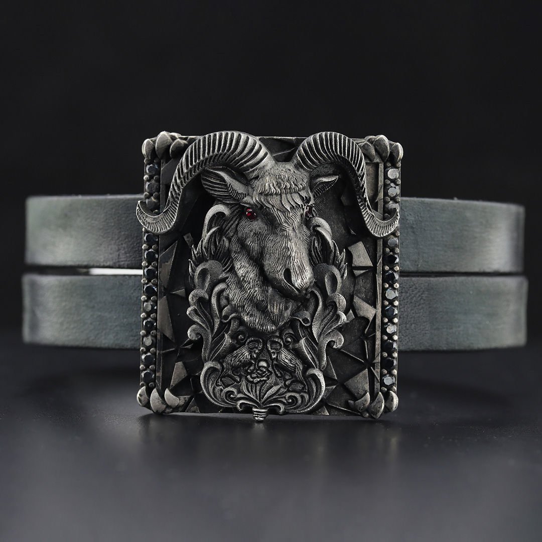 Avcı Koleksiyonu Argali Koyunu Figürlü Deri Kordon Bileklik