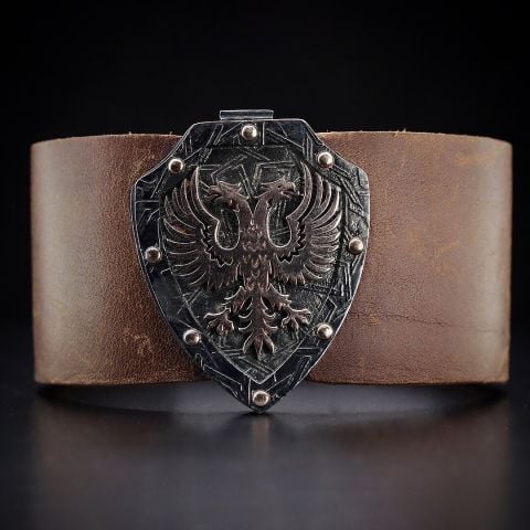 Çift Başlı Kartal Ve Kalkan Figürlü Deri Bileklik