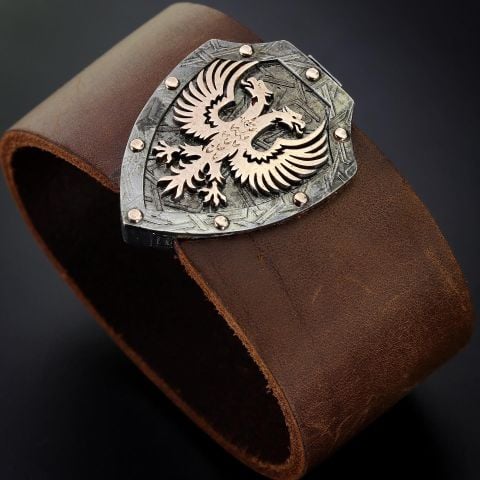 Çift Başlı Kartal Ve Kalkan Figürlü Deri Bileklik