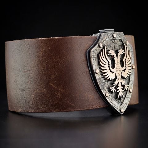 Çift Başlı Kartal Ve Kalkan Figürlü Deri Bileklik