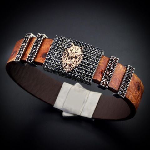 Kurt Başlıklı Kızılderili Adam Figürlü Deve Kuşu Derisi Bileklik