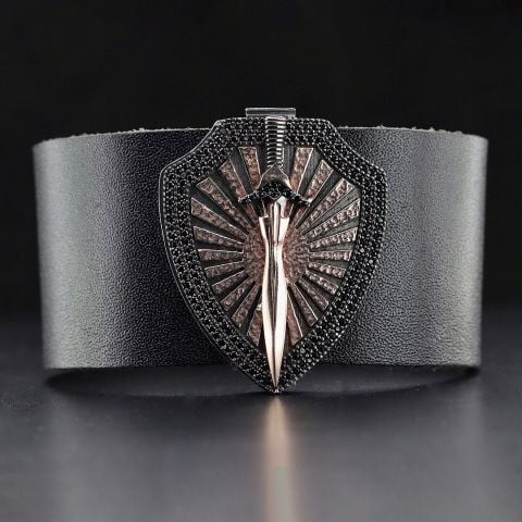 Kılıç Ve Kalkan Figürlü Deri Bileklik