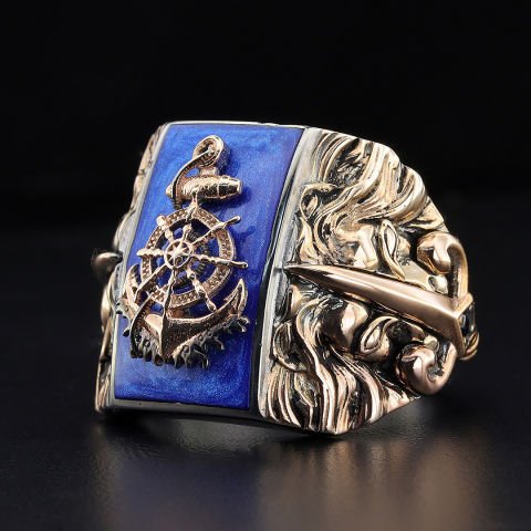Mavi Mineli Denizci Çapalı Yüzük