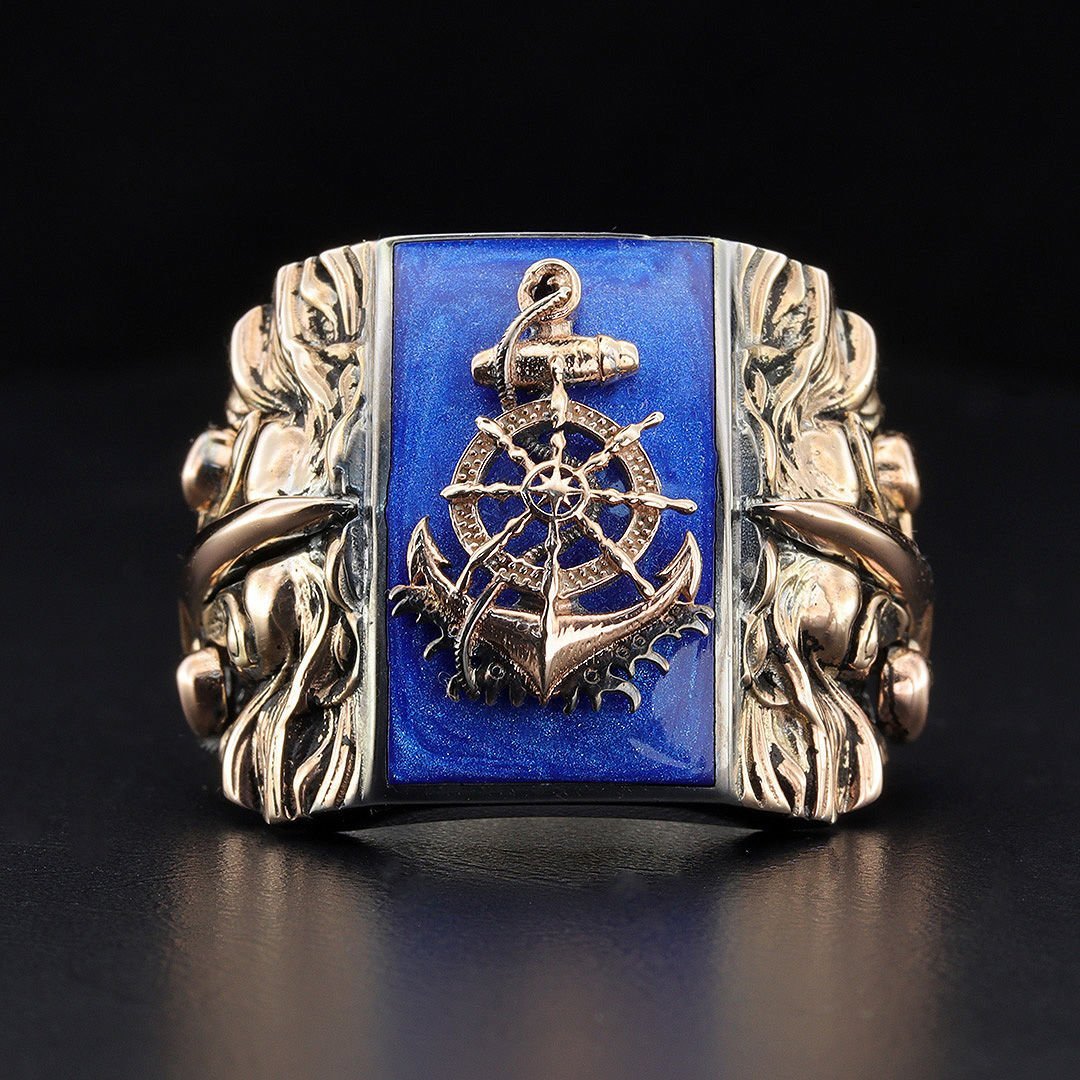 Mavi Mineli Denizci Çapalı Yüzük