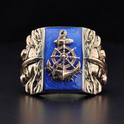 Mavi Mineli Denizci Çapalı Yüzük