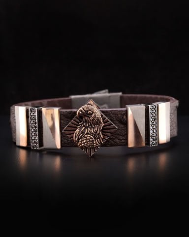 Kartal Figürlü Deve Kuşu Derisi Gümüş Bileklik