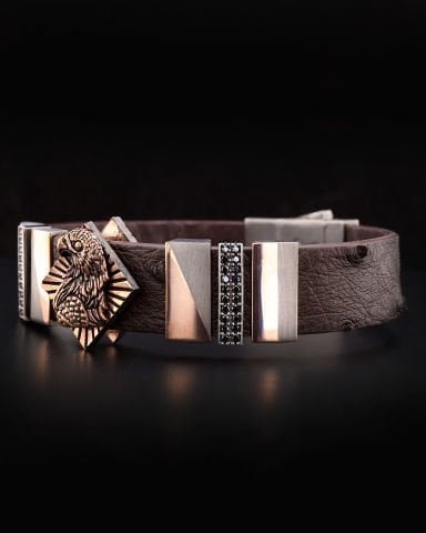 Kartal Figürlü Deve Kuşu Derisi Gümüş Bileklik