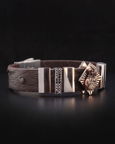 Kartal Figürlü Deve Kuşu Derisi Gümüş Bileklik