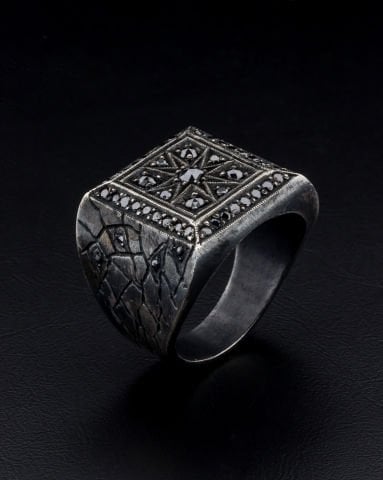 Toprak desenlı siyah elmas ayıklama kolleksiyon gümüş yüzük