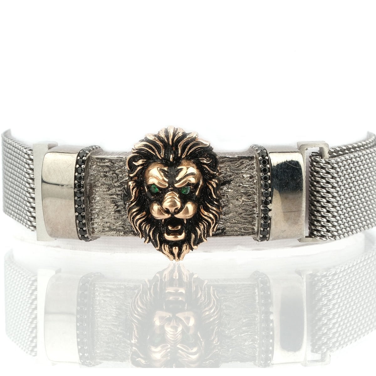 Altın Aslan Figürlü Gümüş Bileklik