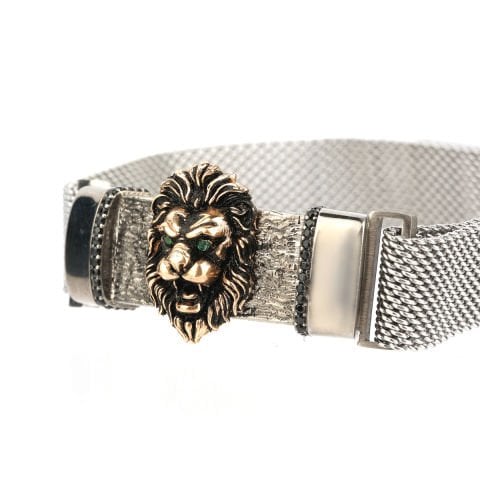 Altın Aslan Figürlü Gümüş Bileklik