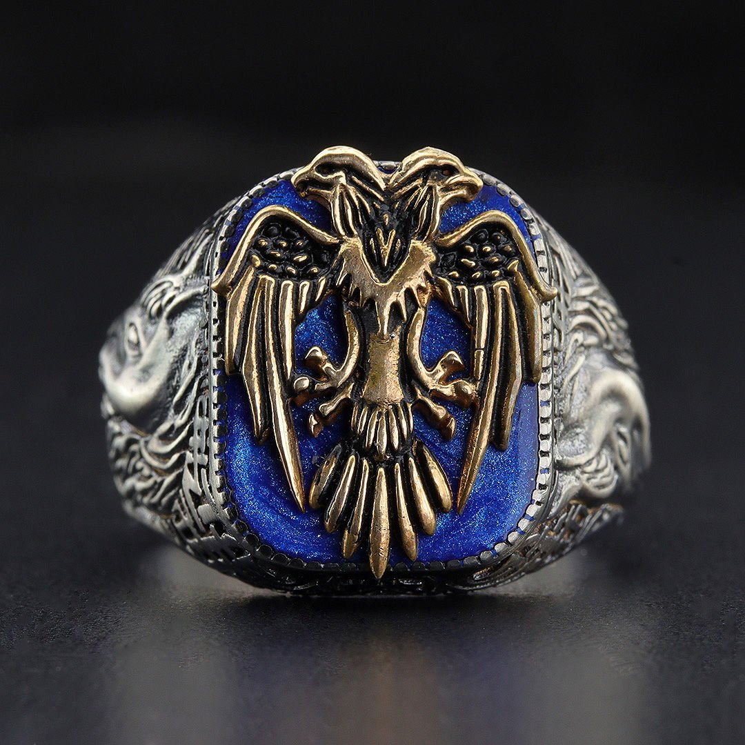 Yan Detaylarında Oyma At Deseni İşli Çift Başlı Kartal Yüzük