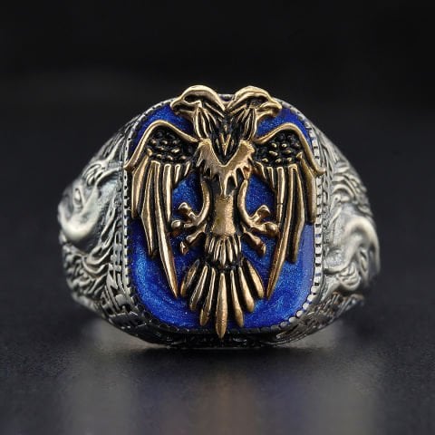 Yan Detaylarında Oyma At Deseni İşli Çift Başlı Kartal Yüzük