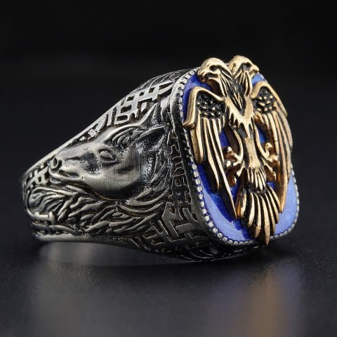 Yan Detaylarında Oyma At Deseni İşli Çift Başlı Kartal Yüzük