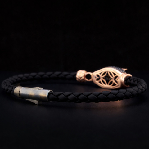 Deri Kordonlu Panter Figürlü Gümüş Bileklik