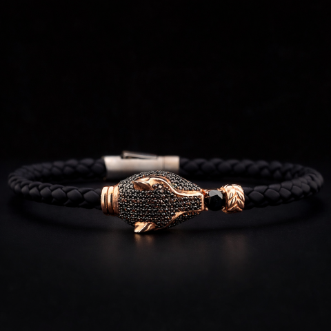 Deri Kordonlu Panter Figürlü Gümüş Bileklik