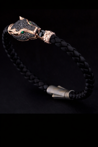 Deri Kordonlu Panter Figürlü Gümüş Bileklik