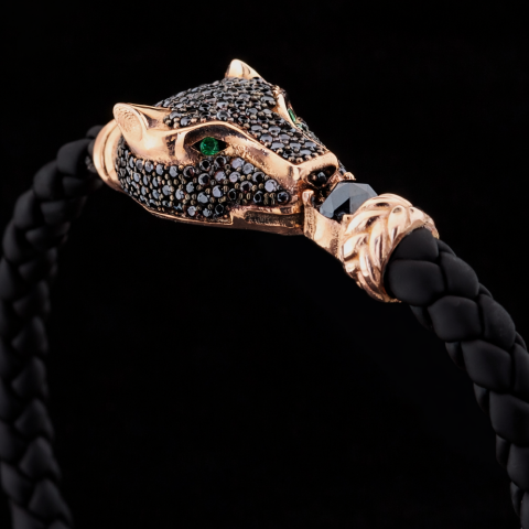 Deri Kordonlu Panter Figürlü Gümüş Bileklik