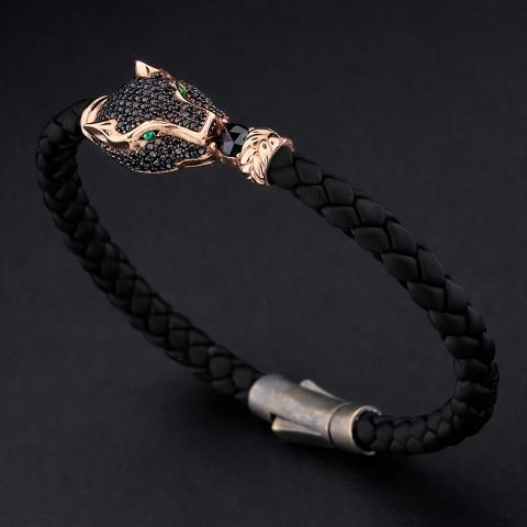 Deri Kordonlu Panter Figürlü Gümüş Bileklik