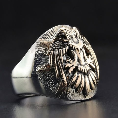 Çift Başlı Kartal Figürü İşli Gümüş Yüzük