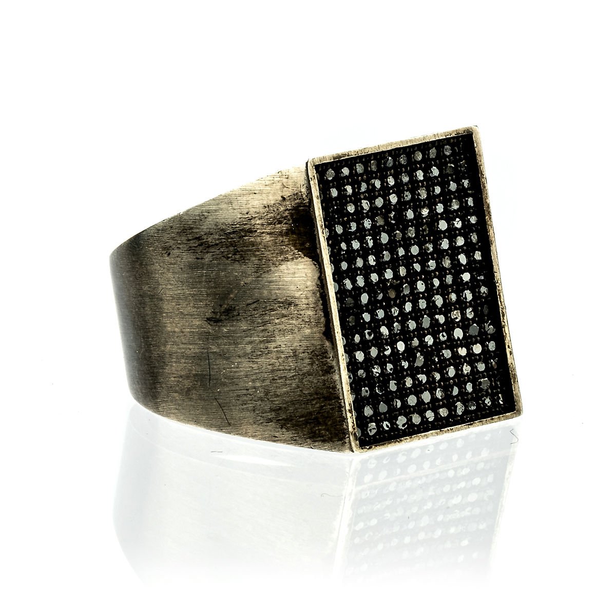 Dikdörtgen Form Siyah Pırlanta İşli Gümüş Yüzük