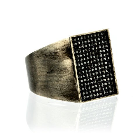 Dikdörtgen Form Siyah Pırlanta İşli Gümüş Yüzük