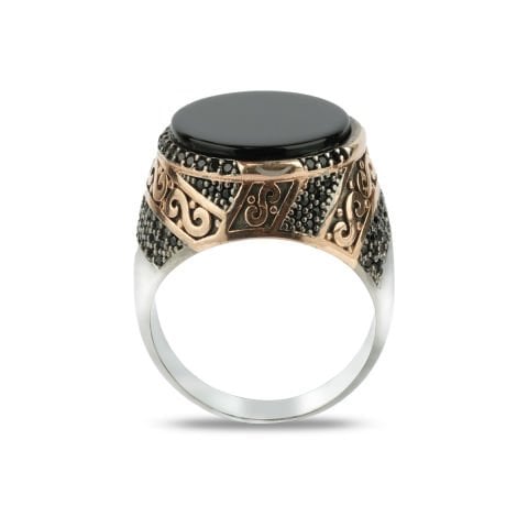 Antik Roma Sütun Desenleri İşlenmiş Onix Taşlı Yüzük