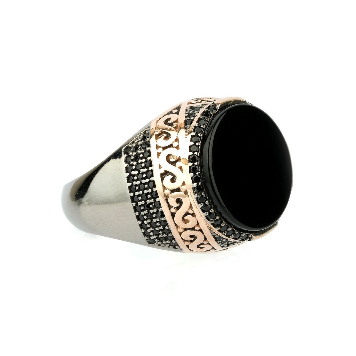 Antik Roma Sütun Desenleri İşlenmiş Onix Taşlı Yüzük