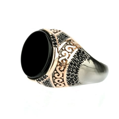 Antik Roma Sütun Desenleri İşlenmiş Onix Taşlı Yüzük