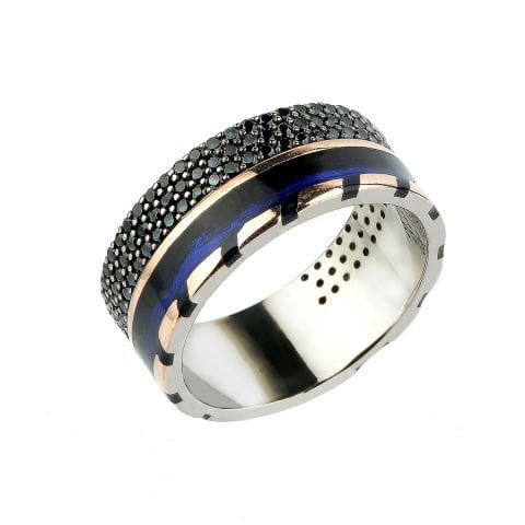 Lacivert Mineli Alyans Form Gümüş Yüzük